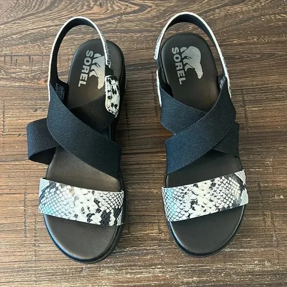 Sorel women sandals Cameron snake black Flatform wedge Slingback Size 7
