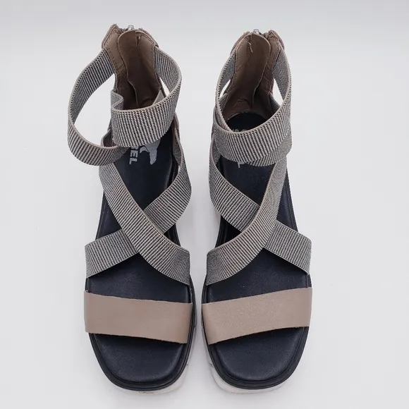 Sorel Women's 7 Joanie III Sport Strap Platform Wedge Sandals Omega Taupe White