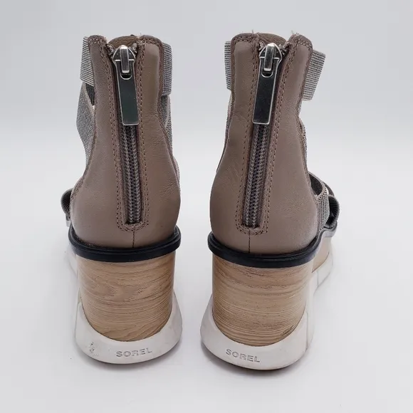 Sorel Women's 7 Joanie III Sport Strap Platform Wedge Sandals Omega Taupe White
