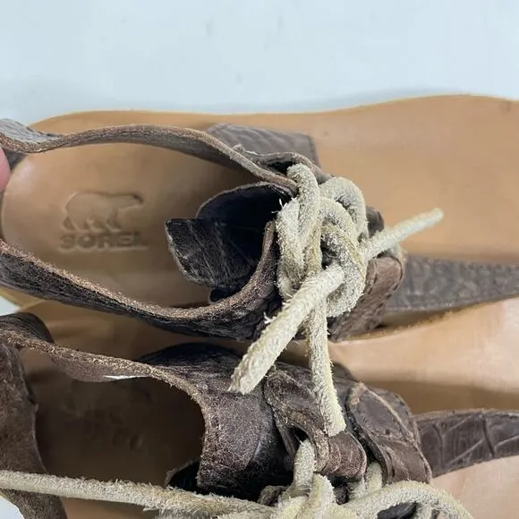 Sorel Women’s Brown Textured Leather Summer Boot Lace Up Tie Sandals Size 8