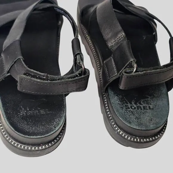 Sorel Women's Roaming Crisscross Sandals Black Leather Size 8.5 Platform