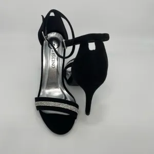 SPARKLY BLACK VEGAN SUEDE ANKLE STRAP HIGH HEEL SANDALS SIZE#36