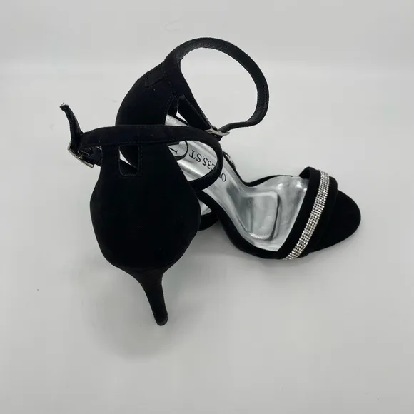 SPARKLY BLACK VEGAN SUEDE ANKLE STRAP HIGH HEEL SANDALS SIZE#36