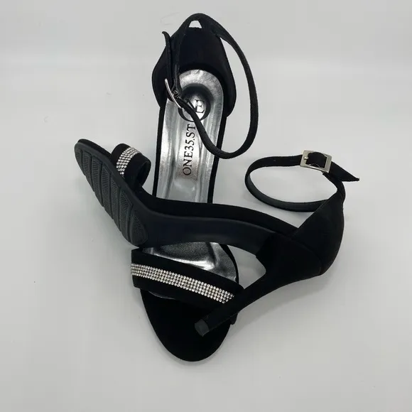SPARKLY BLACK VEGAN SUEDE ANKLE STRAP HIGH HEEL SANDALS SIZE#36