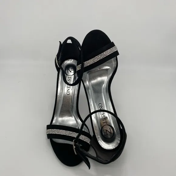 SPARKLY BLACK VEGAN SUEDE ANKLE STRAP HIGH HEEL SANDALS SIZE#36