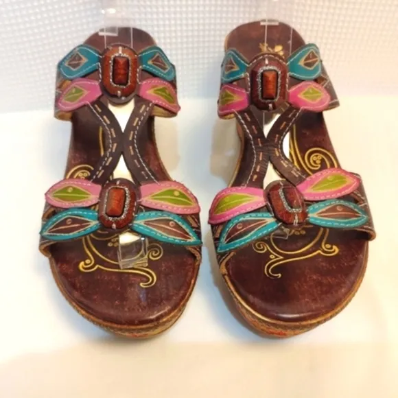 Spring Step Bonita Leather Jeweled Dragonfly Wedge Sandals Colorful 10.5…