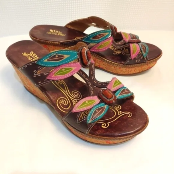 Spring Step Bonita Leather Jeweled Dragonfly Wedge Sandals Colorful 10.5…