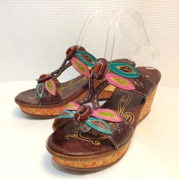 Spring Step Bonita Leather Jeweled Dragonfly Wedge Sandals Colorful 10.5…