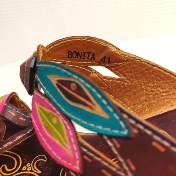 Spring Step Bonita Leather Jeweled Dragonfly Wedge Sandals Colorful 10.5…