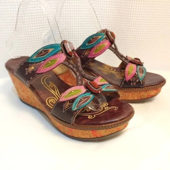 Spring Step Bonita Leather Jeweled Dragonfly Wedge Sandals Colorful 10.5…