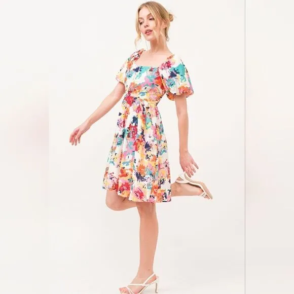 Square Neck Puff Sleeve Floral Dress