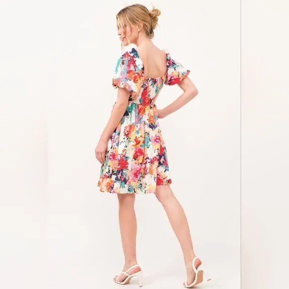 Square Neck Puff Sleeve Floral Dress