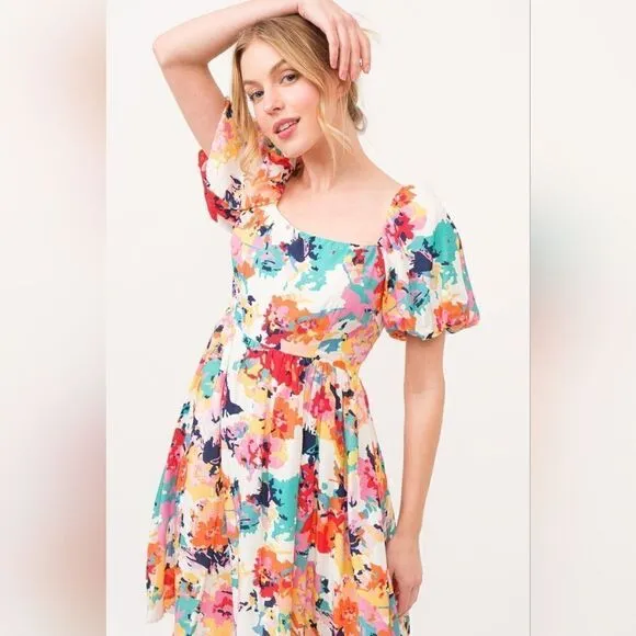 Square Neck Puff Sleeve Floral Dress