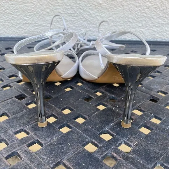 St. John ivory/pale gray strappy sandal w/rhinestones. Made in Italy. Size 9.5B