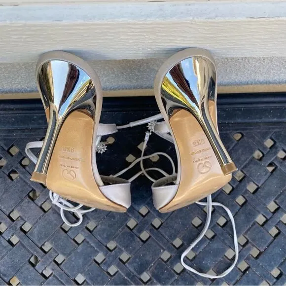 St. John ivory/pale gray strappy sandal w/rhinestones. Made in Italy. Size 9.5B