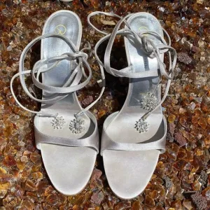 St. John ivory/pale gray strappy sandal w/rhinestones. Made in Italy. Size 9.5B