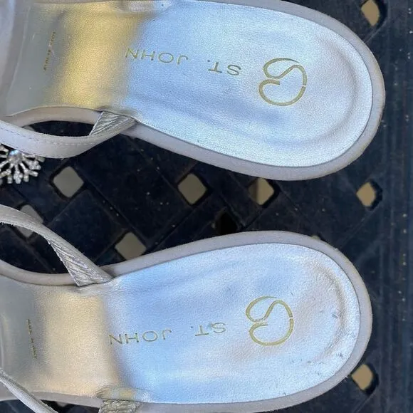 St. John ivory/pale gray strappy sandal w/rhinestones. Made in Italy. Size 9.5B