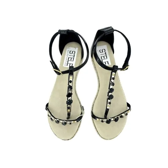 Stele Thong Sandals Jeweled Rhinestones Black Patent Leather SZ 37 EU 6.5 EU NIB