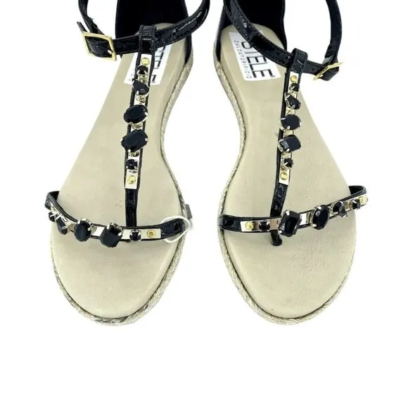Stele Thong Sandals Jeweled Rhinestones Black Patent Leather SZ 37 EU 6.5 EU NIB