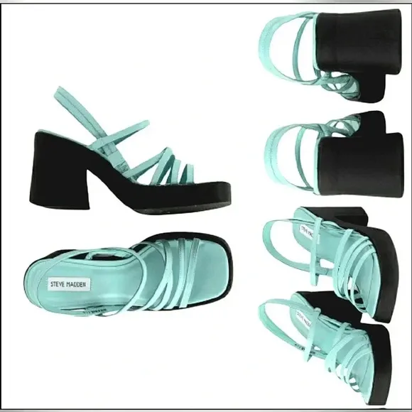 Steve Madden 10 Aqua Blue Strappy Slip-On Block Platform Sandals
