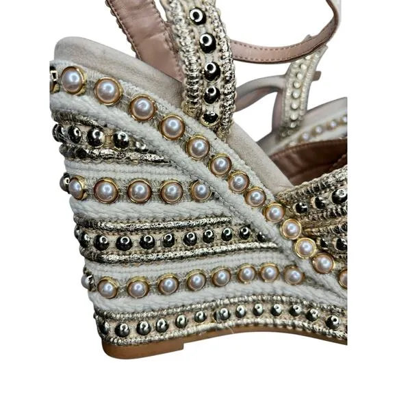 Steve Madden Beige Open Toe Pearl and Stud Platform Wedge Sandals w/ Ankle Strap