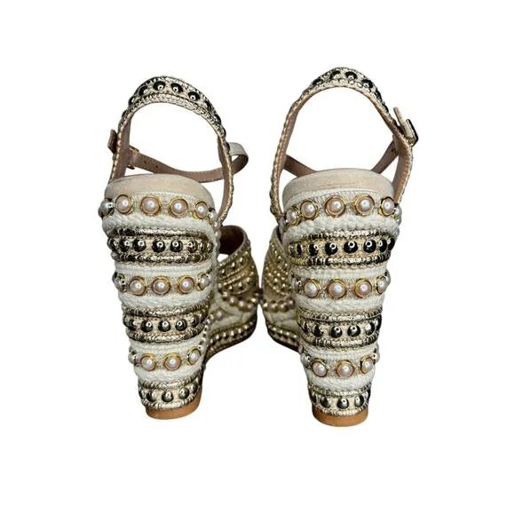 Steve Madden Beige Open Toe Pearl and Stud Platform Wedge Sandals w/ Ankle Strap
