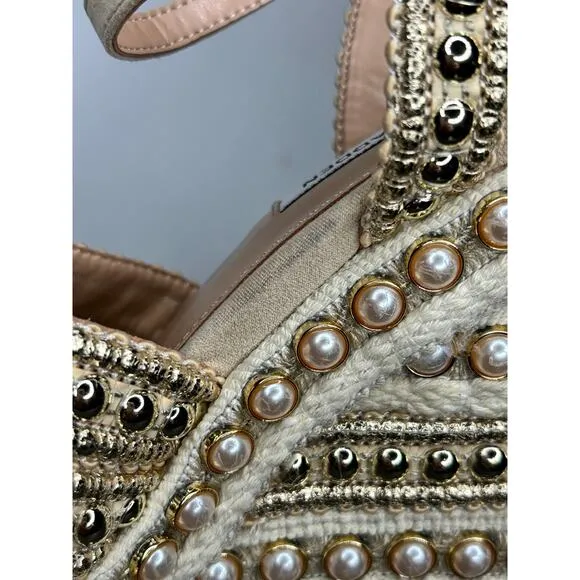 Steve Madden Beige Open Toe Pearl and Stud Platform Wedge Sandals w/ Ankle Strap