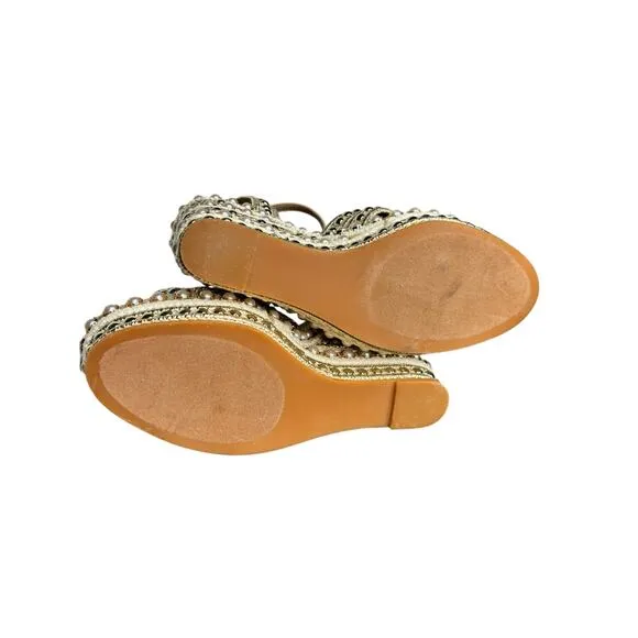 Steve Madden Beige Open Toe Pearl and Stud Platform Wedge Sandals w/ Ankle Strap