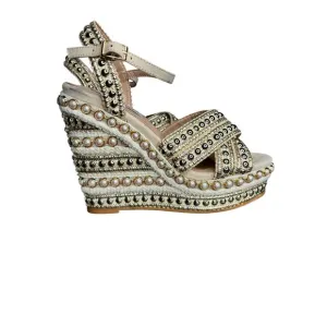 Steve Madden Beige Open Toe Pearl and Stud Platform Wedge Sandals w/ Ankle Strap