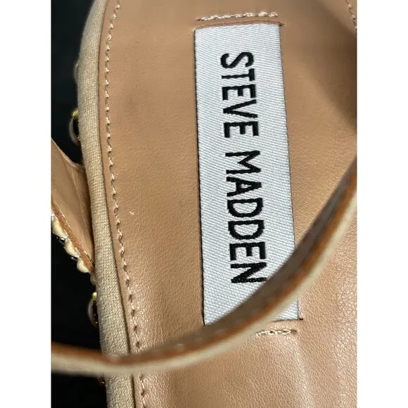 Steve Madden Beige Open Toe Pearl and Stud Platform Wedge Sandals w/ Ankle Strap
