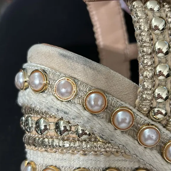 Steve Madden Beige Open Toe Pearl and Stud Platform Wedge Sandals w/ Ankle Strap