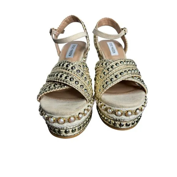 Steve Madden Beige Open Toe Pearl and Stud Platform Wedge Sandals w/ Ankle Strap