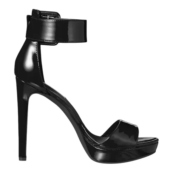 STEVE MADDEN BLACK PATENT CIRCUIT ANKLE STRAP PEEP TOE STILETTO PLATFORM SANDALS