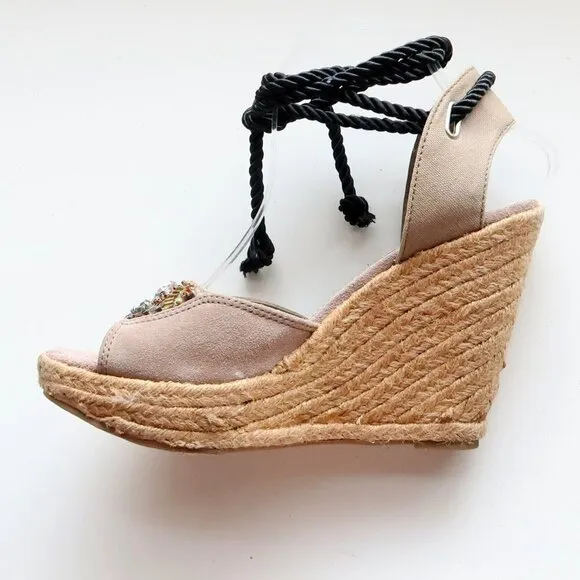 Steve Madden Chryslis Taupe Suede Leather Ankle Tie Espadrille Wedge Sandals 10