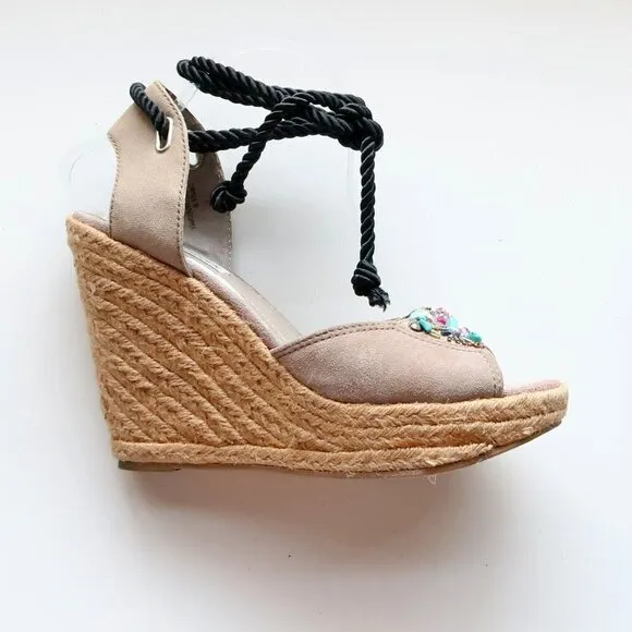 Steve Madden Chryslis Taupe Suede Leather Ankle Tie Espadrille Wedge Sandals 10