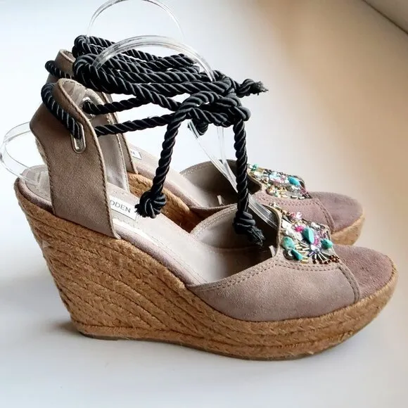 Steve Madden Chryslis Taupe Suede Leather Ankle Tie Espadrille Wedge Sandals 10