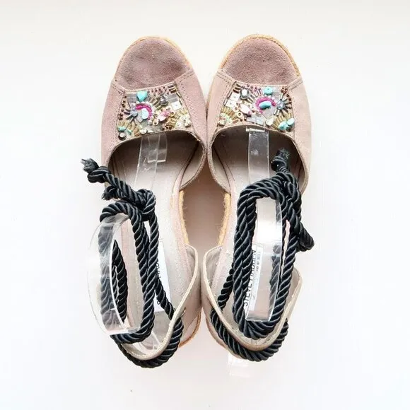 Steve Madden Chryslis Taupe Suede Leather Ankle Tie Espadrille Wedge Sandals 10