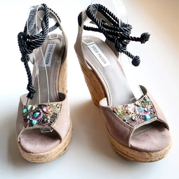 Steve Madden Chryslis Taupe Suede Leather Ankle Tie Espadrille Wedge Sandals 10