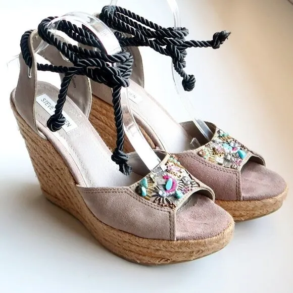 Steve Madden Chryslis Taupe Suede Leather Ankle Tie Espadrille Wedge Sandals 10