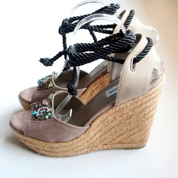 Steve Madden Chryslis Taupe Suede Leather Ankle Tie Espadrille Wedge Sandals 10