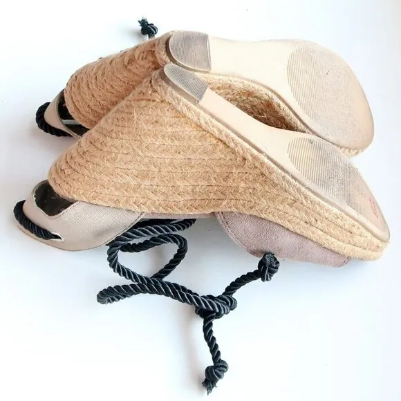 Steve Madden Chryslis Taupe Suede Leather Ankle Tie Espadrille Wedge Sandals 10