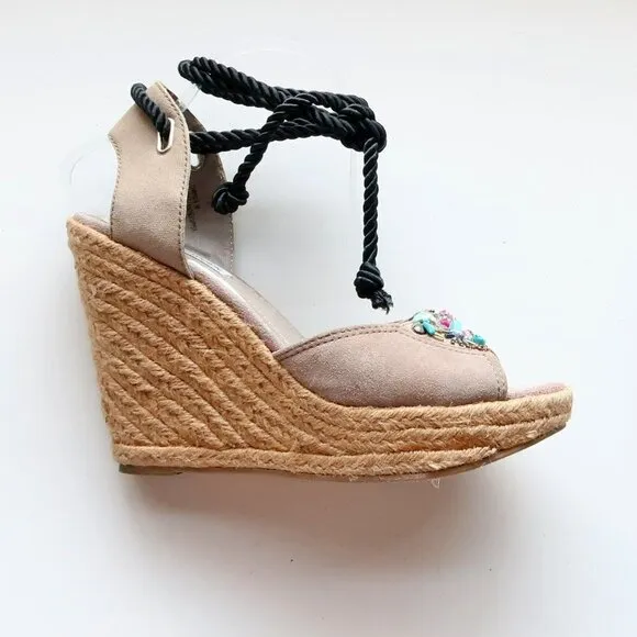 Steve Madden Chryslis Taupe Suede Leather Ankle Tie Espadrille Wedge Sandals 10