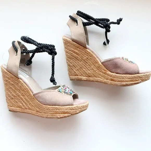 Steve Madden Chryslis Taupe Suede Leather Ankle Tie Espadrille Wedge Sandals 10