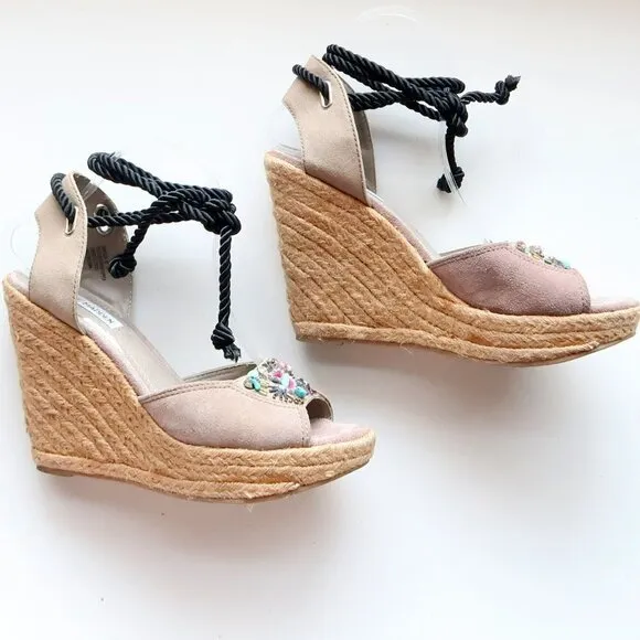 Steve Madden Chryslis Taupe Suede Leather Ankle Tie Espadrille Wedge Sandals 10