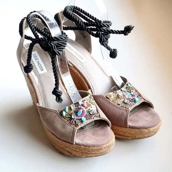 Steve Madden Chryslis Taupe Suede Leather Ankle Tie Espadrille Wedge Sandals 10