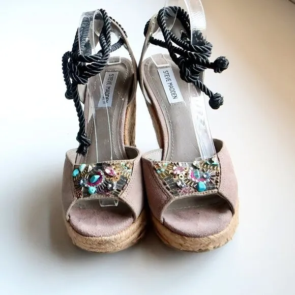 Steve Madden Chryslis Taupe Suede Leather Ankle Tie Espadrille Wedge Sandals 10