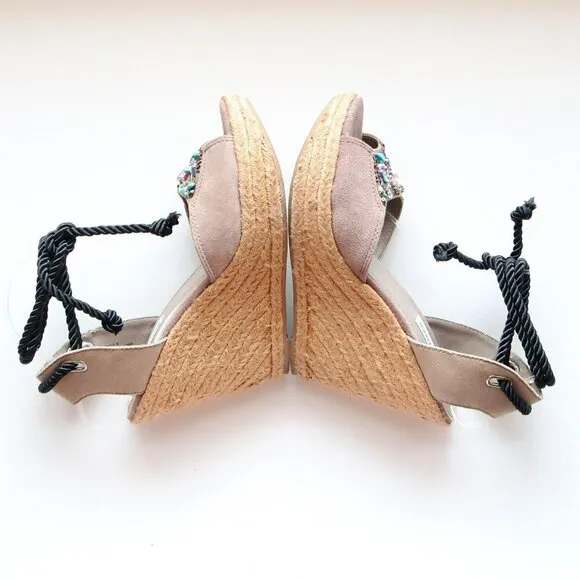 Steve Madden Chryslis Taupe Suede Leather Ankle Tie Espadrille Wedge Sandals 10