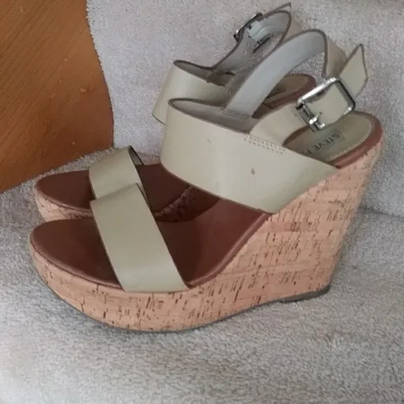 Steve Madden Esme Leather Wedge Cork Sandals with Ankle Strap Size 7.5M