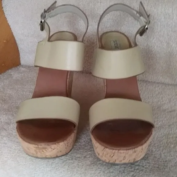 Steve Madden Esme Leather Wedge Cork Sandals with Ankle Strap Size 7.5M