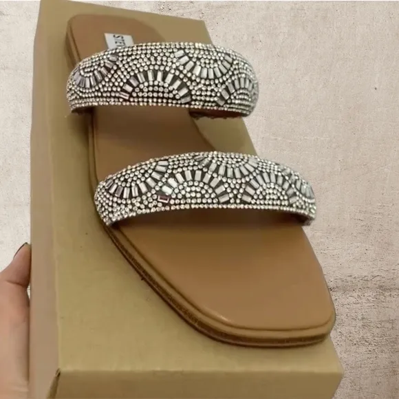 STEVE MADDEN • Harty Rhinestone Double Strap Slip-On Sandals